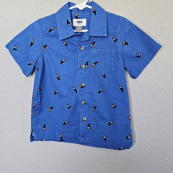 Old Navy Blue Short Sleeve Tucan Novelty Print Button Shirt‎ Size 3T - Picture 1 of 10